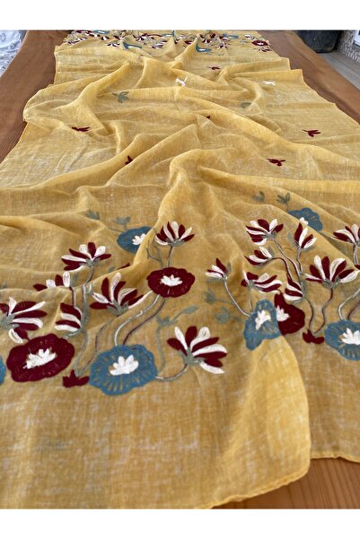 Bohemian Çiçek İşlemeli Organik Pamuk 80 x 190 cm Naturel Şal 1757091