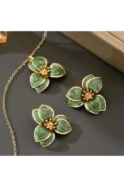 toptanhanem Modern Çiçek Desenli Kolye ve Küpe Seti – Yeşil & Gold Renk | Gün...