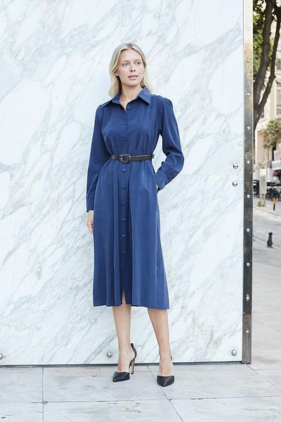Jument Rochie lungă de toamnă pentru femei, fără lycra, din țesătură modală, cu buzunare laterale, curea din piele, cu mânecă lungă, până la genunchi-L