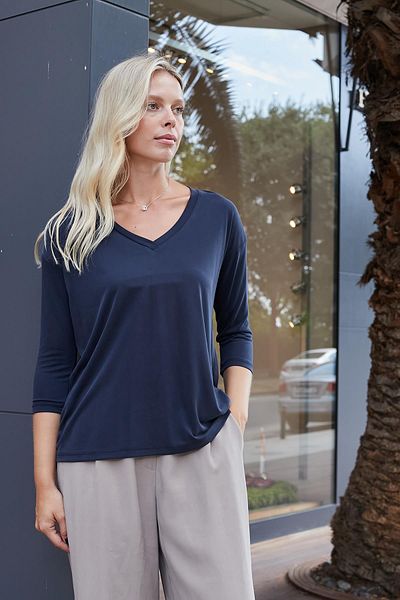 Jument Women's Quality Modal Stretchy Fabric V-Neck Off-Shoulder Capri Three-Quarter Sleeve Lightweight Loose Blouse-Navy Blue