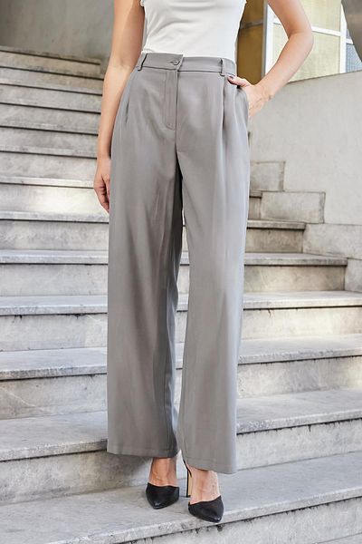 Jument Pantaloni palazzo cu talie înaltă modal mătăsos pentru femei, cu buzunare laterale, plisate, cu spatele elastic, picioare largi-antracit