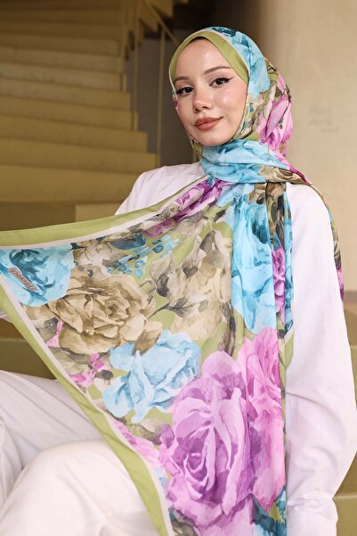 benguen شال منقوش باللون الأخضر الزيتي İpk111