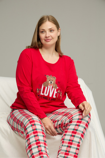 Siyah İnci kırmızı ekose desenli Curve Büyük Beden Battal Boy Pamuklu Pijama Takım25240760
