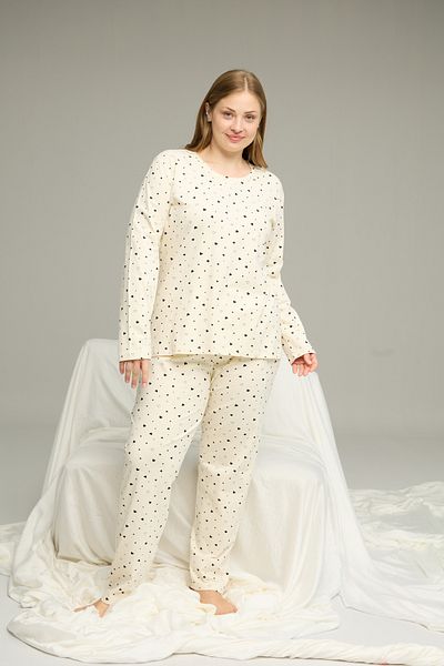 Siyah İnci Ecru Patterned Curve Large Size Oversized Cotton Pajama Set25240806