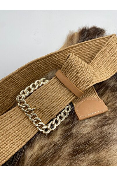 ASLIHAN KEMER Elastic Women's Straw Belt with Gold Buckle