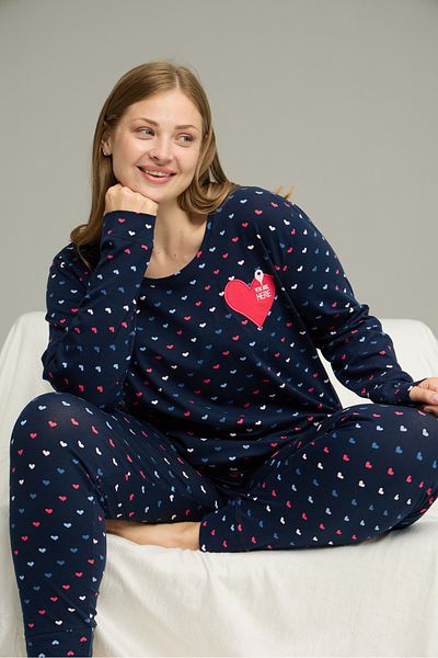 Siyah İnci Navy Blue Patterned Curve Large Size Battal Size Cotton Pajamas Suit25240839
