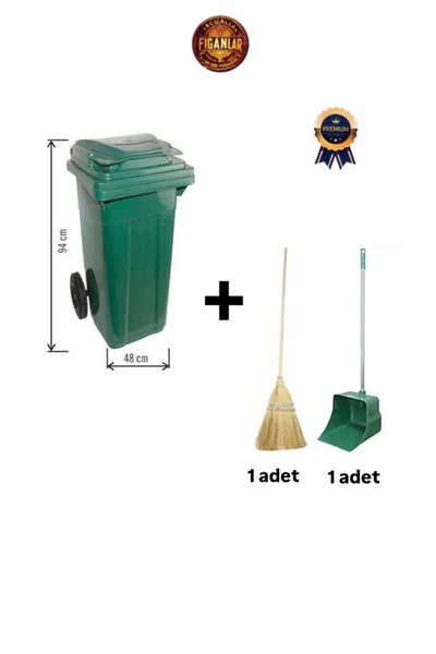 figanlar ambalaj 120L YEŞİL Çöp Konteyner Seti Çöpçü Kürek+ Saplı Çalı Süpürgesi