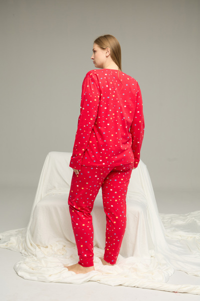 Siyah İnci Red Pattern Curve Large Size Battal Size Cotton Pajamas Suit25240798