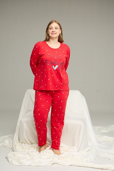 Siyah İnci Red Pattern Curve Large Size Battal Size Cotton Pajamas Suit25240779