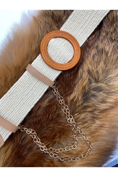 ASLIHAN KEMER Elastic Women's Straw Belt with Chain Detail