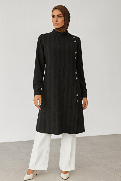 PERFECT 25234 ÖNÜ DÜĞMELİ SIFIR YAKA ÖN KISMI DESENLİ ŞIK GÖMLEK TUNİK #05-25#