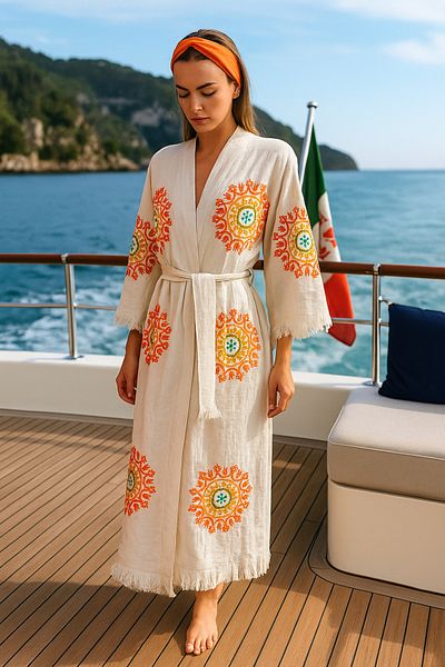 LaraLisa Collection 4 Layers Natural Muslin Cotton Fabric Chemical Treatment Unprocessed Hand Printed Kaftan Kimono Peshtemal Bathrobe