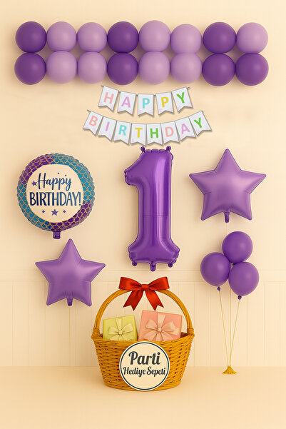 parti hediye sepeti Lila 1 Yaş Doğum Günü Seti | Mor Yıldızlı Happy Birthday ...