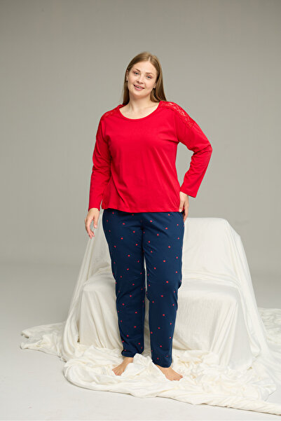 Siyah İnci kırmızı desenli Curve Büyük Beden Battal Boy Pamuklu Pijama Takım25240801