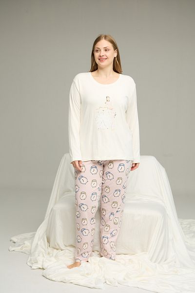 Siyah İnci Ecru Patterned Curve Large Size Oversized Cotton Pajama Set25240829