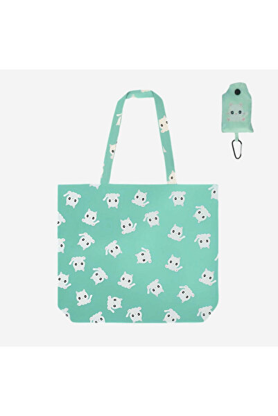 Flying Tiger Copenhagen Kedi Desenli Yeşil Katlanabilir Bez Çanta