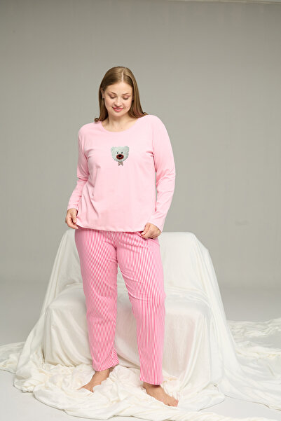Siyah İnci pembe desenli Curve Büyük Beden Battal Boy Pamuklu Pijama Takım25240782