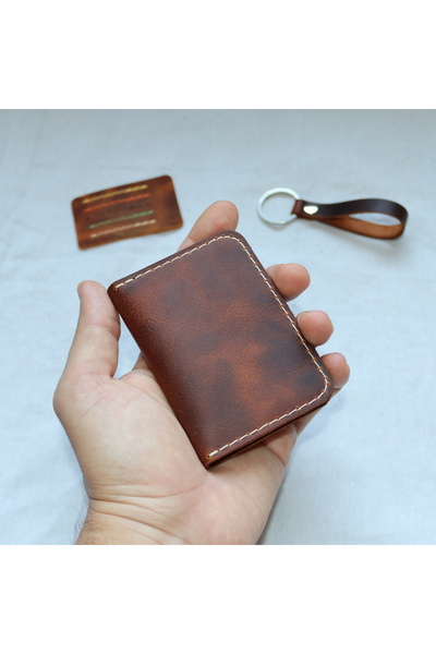 Derici Amca Genuine Leather Handmade Minimal Vertical Card Holder Wallet - Red Brown