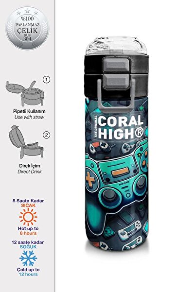 Coral High Kids Nefti Gamer Desenli Pipetli ve Direkt İçim Çelik Termos 500 m...