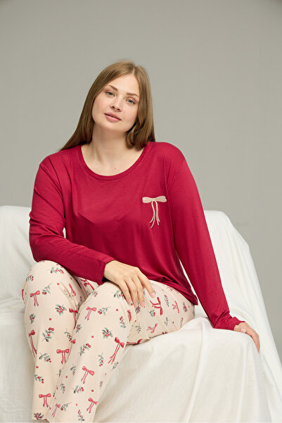 Siyah İnci Set de pijamale din bumbac cu model bordo Curve Plus Size Battal B...