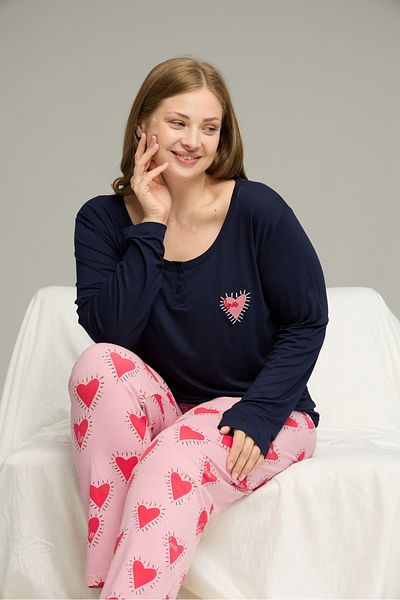 Siyah İnci Navy Blue Patterned Curve Large Size Battal Size Cotton Pajamas Suit25240767