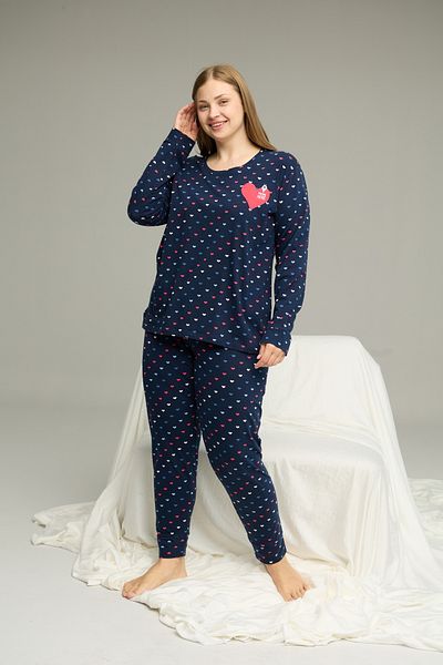 Siyah İnci Navy Blue Patterned Curve Large Size Battal Size Cotton Pajamas Suit25240839