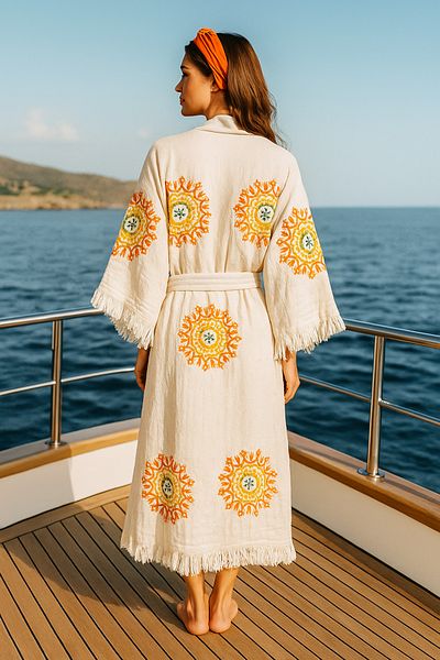 LaraLisa Collection 4 Layers Natural Muslin Cotton Fabric Chemical Treatment Unprocessed Hand Printed Kaftan Kimono Peshtemal Bathrobe