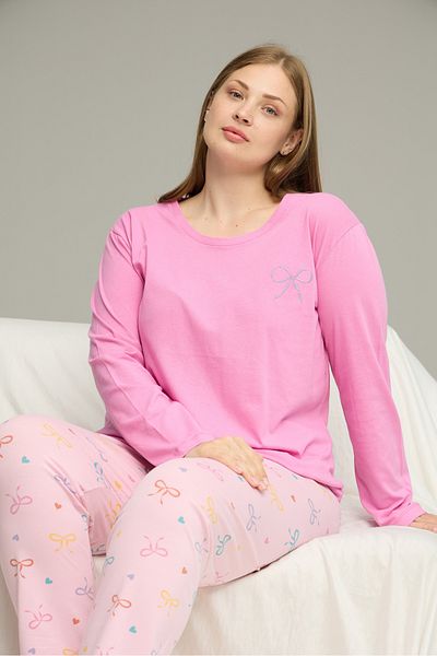 Siyah İnci Розов шарен комплект пижама Curve Plus Size Oversized от памук 25240827