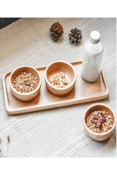Generic Triple Ramekin Snack Bowl Set with Wooden Tray 3 Section Natural Rubber Tree Snack Cups and Plate