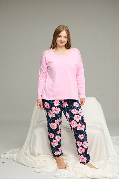 Siyah İnci pembe desenli Curve Büyük Beden Battal Boy Pamuklu Pijama Takım25240787