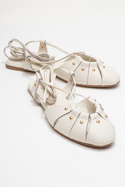 LuviShoes Daria Ecru Genuine Leather Trock Ankle Lace Women's Sandals