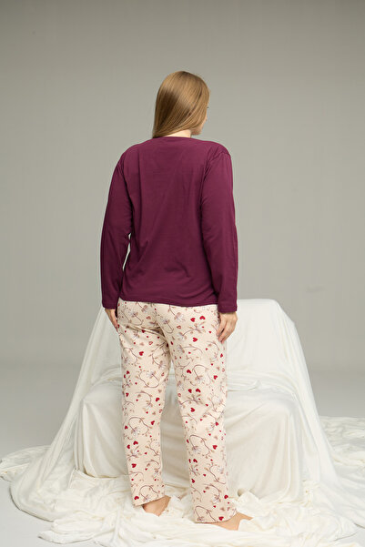 Siyah İnci Dark Burgundy Patterned Curve Plus Size Battal Size Button Cotton Pajama Suit25240753