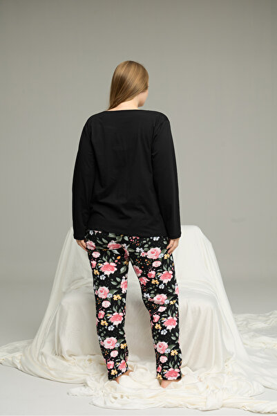Siyah İnci siyah desenli Curve Büyük Beden Battal Boy Pamuklu Pijama Takım25240786