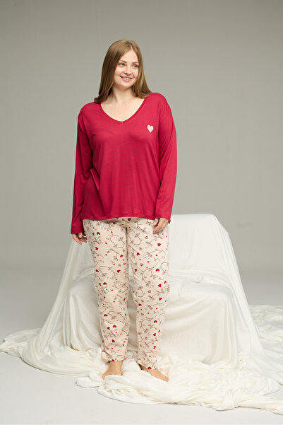 Siyah İnci Set de pijamale din bumbac cu model burgundy Curve Mare Oversize25240785