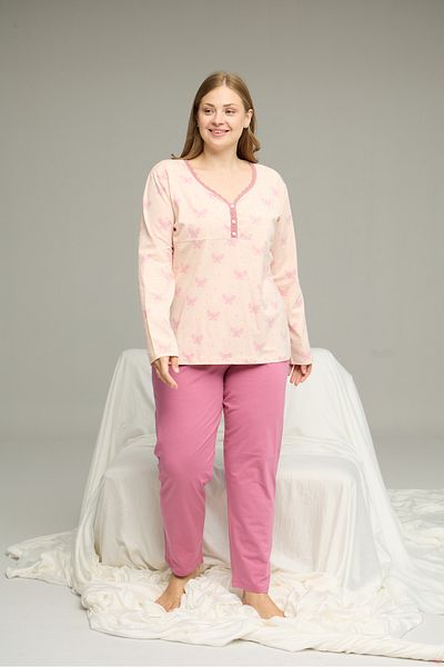 Siyah İnci Розов шарен комплект пижама Curve Plus Size Oversized от памук 25240777