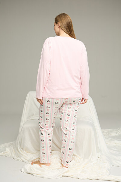 Siyah İnci pembe desenli Curve Büyük Beden Battal Boy Pamuklu Pijama Takım25240769