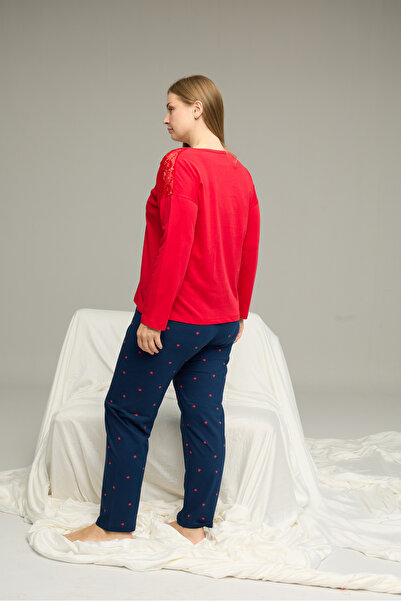 Siyah İnci kırmızı desenli Curve Büyük Beden Battal Boy Pamuklu Pijama Takım25240801
