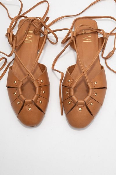 LuviShoes Daria Tan Genuine Leather Trock Ankle Lace-Up Women's Sandals