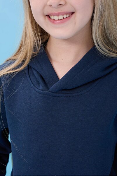 Perendi Unisex Hooded Kangaroo Pocket Color Block Hooded Winter Sweatshirt - Navy Blue/Baby Blue