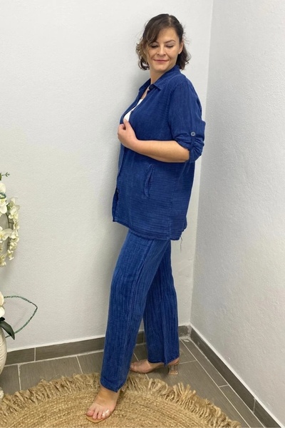 Mia Butik Women's Navy Blue Star Detailed Cotton 3 Piece Set