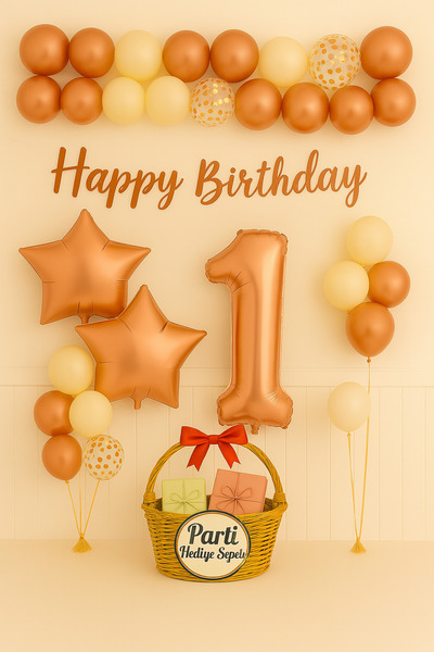 parti hediye sepeti Rose Gold 1 Yaş Doğum Günü Balon Seti | Yıldız Folyo & Ha...