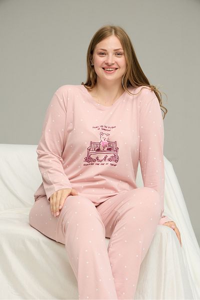 Siyah İnci Powder Pattern Curve Large Size Battal Size Cotton Pajamas Suit25240843