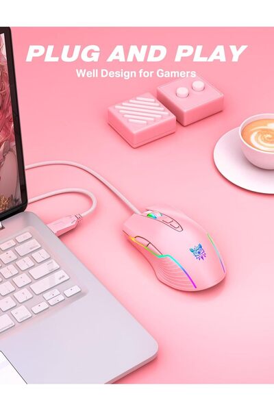 Generic Light Pink RGB Wired Gaming Mouse 6400 DPI Ergonomic USB Computer Mouse for PC & Laptop