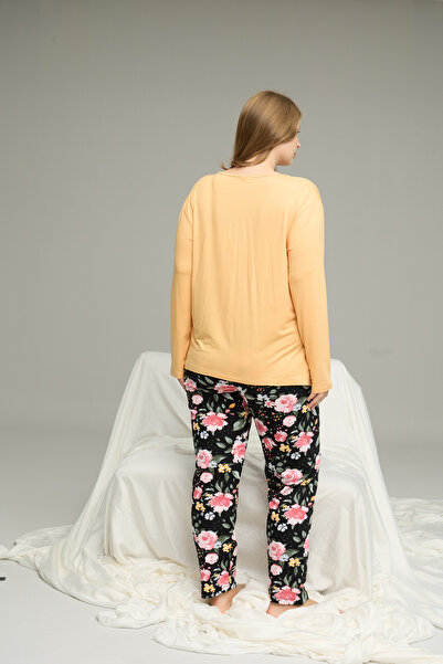 Siyah İnci Yellow Patterned Curve Plus Size Oversize Size Cotton Pajamas Suit25240754