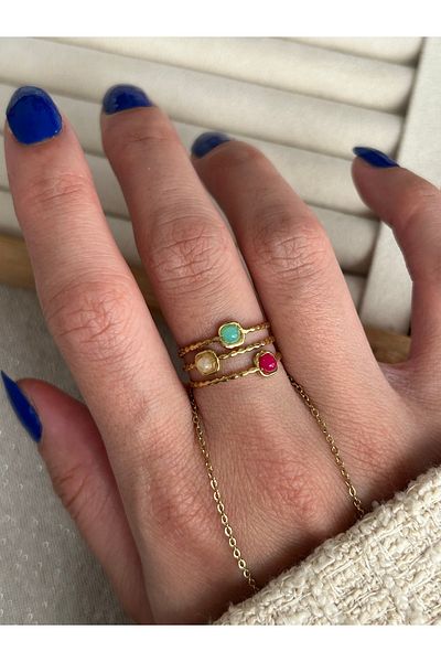 ringbox Three Rows of Colored Stones Steel Tarnish-Free Ring