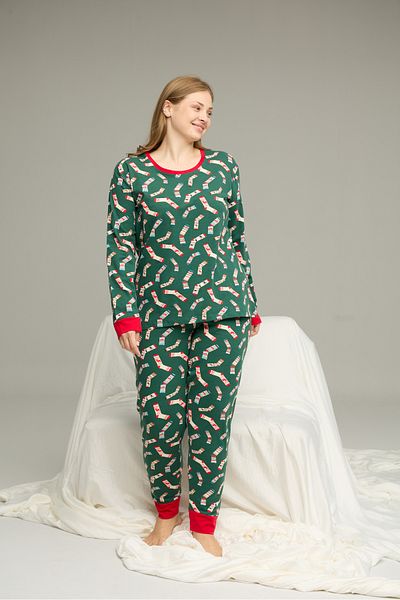 Siyah İnci Green Pattern Curve Large Size Battal Size Cotton Pajamas Suit25240764