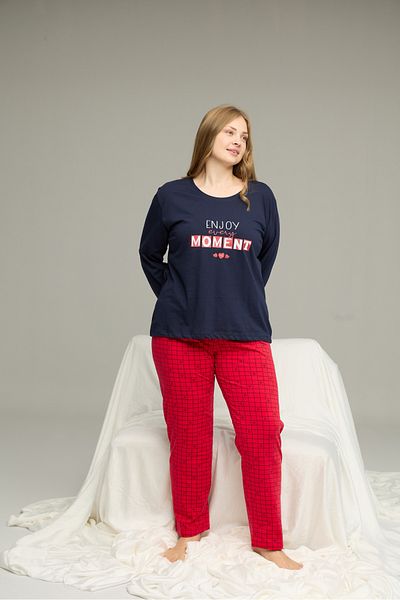 Siyah İnci Navy Blue Patterned Curve Large Size Battal Size Cotton Pajamas Suit25240775
