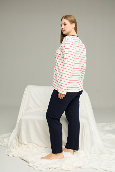 Siyah İnci beyaz kırmızı desenli Curve Büyük Beden Battal Boy Pamuklu Pijama Takım25240841