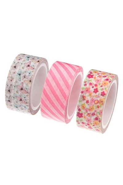 SOHO Set cu 3 benzi adezive decorative cu fluturi, floricele si dungi, 15mm x 3m, Multicolor
