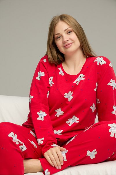 Siyah İnci Red Pattern Curve Large Size Battal Size Cotton Pajamas Suit25240765